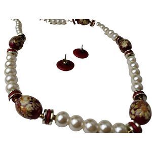 Asian Style Floral Beads with Faux Pearl Necklace & Earring Set Perfect Gift!